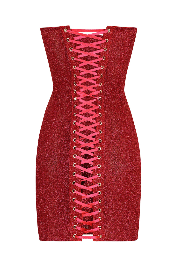 AKILANI | STRAPLESS GLITTER RED CORSET MINI DRESS