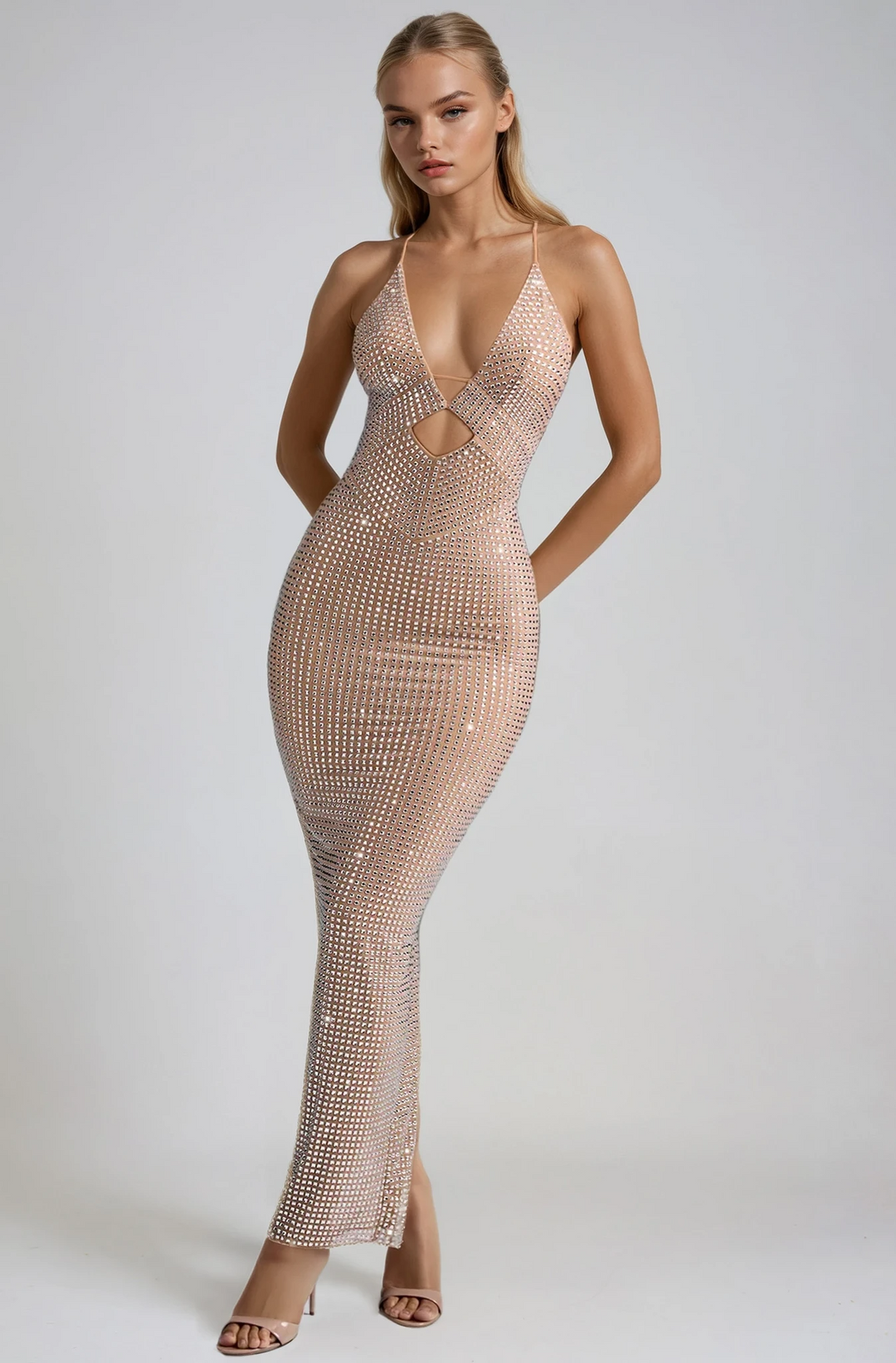 AVENITH | CUT-OUT HALTERNECK RHINESTONE MIDI DRESS