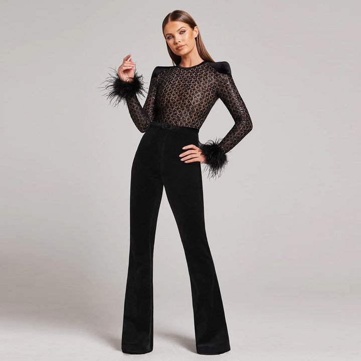 LENIRA | FUR SLEEVES LACE SLIM FIT JUMPSUIT