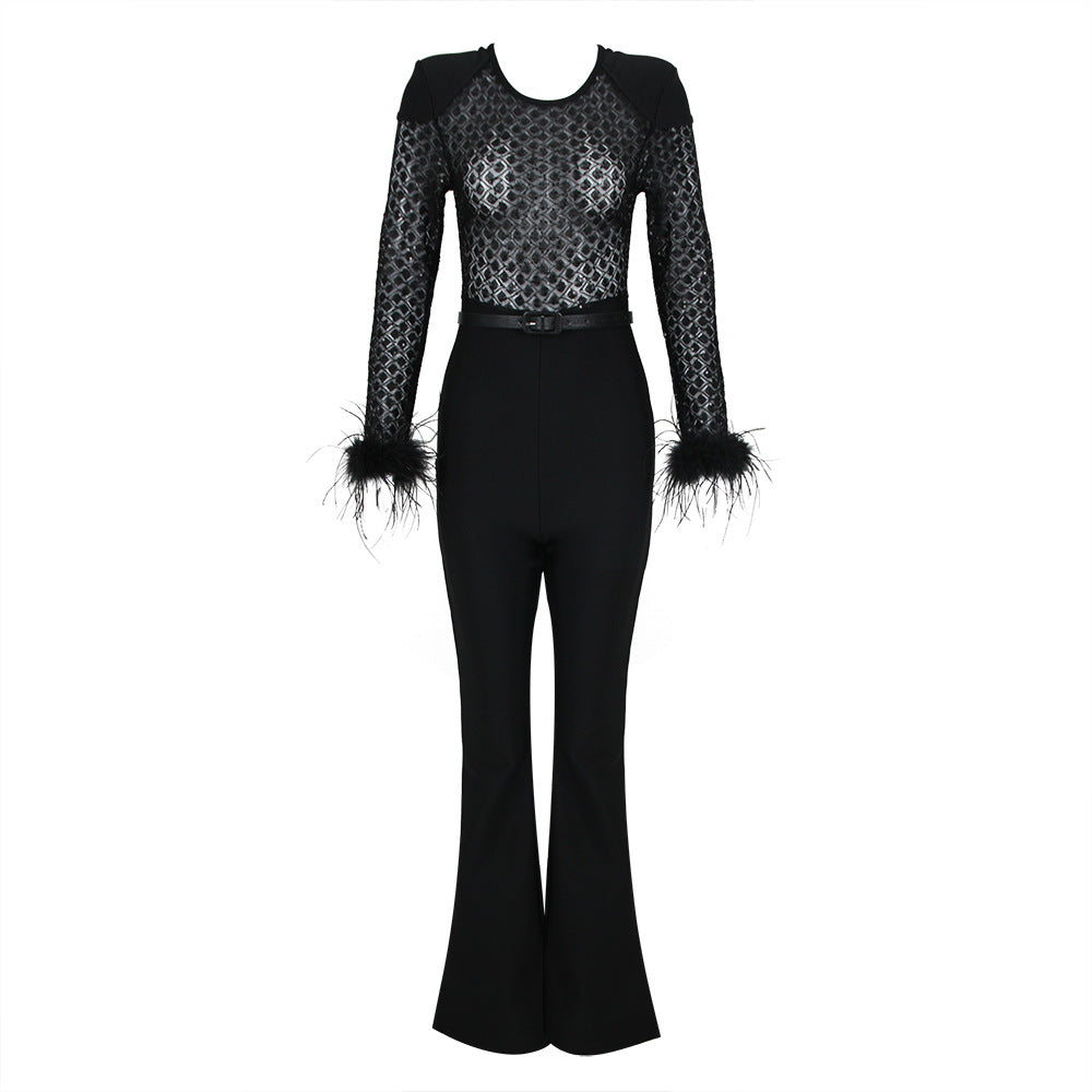 LENIRA | FUR SLEEVES LACE SLIM FIT JUMPSUIT