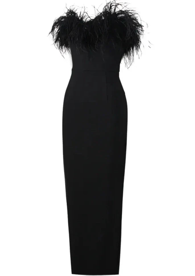 LORYVA - V-NECK STRAPLESS FUR MAXI DRESS