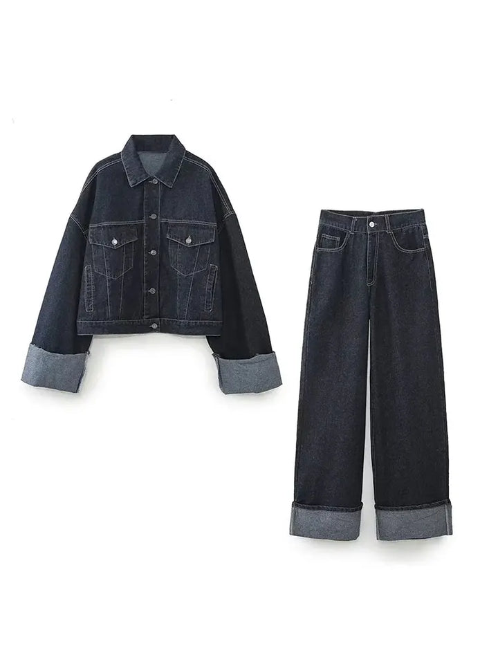 RUNA | COLLARED LONG SLEEVES DENIM TWO-PIECE SET