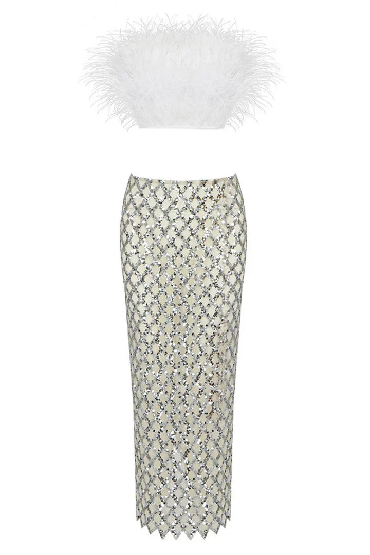 LORETTA | FUR TOP & SHINY SEQUINS SKIRT TWO-PIECE SET