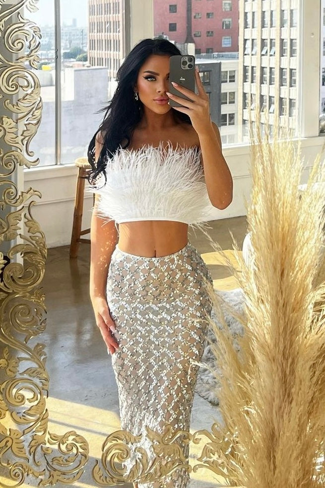 LORETTA | FUR TOP & SHINY SEQUINS SKIRT TWO-PIECE SET